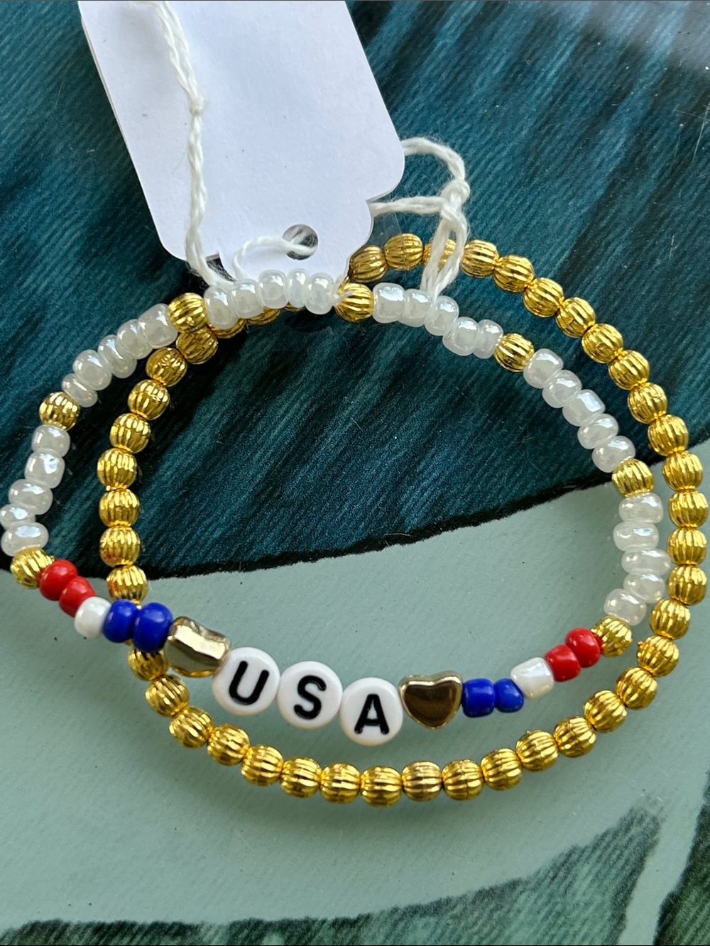 Patriotic Beaded Stretch Bracelet Trio - Gold, White, Red & Blue